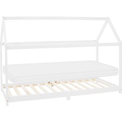 Kinderbed huisbed 90x200 cm wit gemaakt van grenenhout incl. matras H-10cm houten bed met dak en lattenbodem ML design
