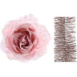 Kerstversiering kunststof glitter bloemen op clip 14 cm en folieslingers pakket lichtroze 5x stuks - Kersthangers