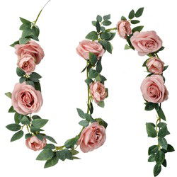 Clayre & Eef Kunstbloem Guirlande 150 cm Roze Groen Kunststof Rozen