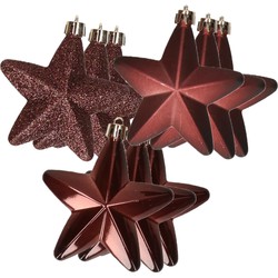 12x stuks kunststof sterren kersthangers mahonie bruin 7 cm - Kersthangers