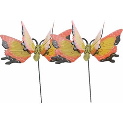 Set van 2 gele/oranje metalen tuindecoratie vlinder op stok 17 x 60 cm - Tuinbeelden