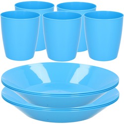 Kunststof ontbijt/diner 12x bordjes 26 cm en 10x bekertjes 300 ML set blauw - Campingborden