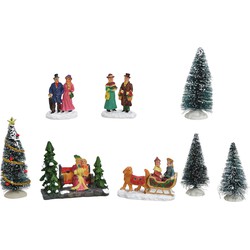 8x stuks kerstdorp accessoires figuurtjes/poppetjes en kerstboompje - Kerstdorpen