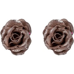 2x Oud roze decoratie roos glitters op clip 7 cm - Kersthangers
