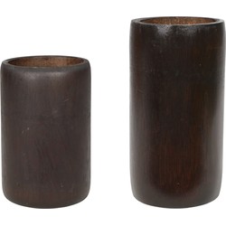 Set van 2x bamboe theelichthouders/waxinelichthouders bruin 13 en 16 cm - Waxinelichtjeshouders