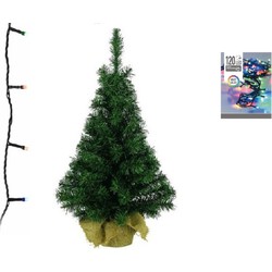 Groene kunst kerstboom 90 cm inclusief gekleurde kerstverlichting - Kunstkerstboom