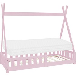 Kinderbed Tipi 80x160 cm roze van dennenhout incl. matras H-10cm uitvalbescherming en lattenbodem ML-Design