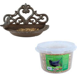 Wand vogel voederbak/drinkbak gietijzer 24 cm inclusief 4-seizoenen mueslimix vogelvoer - Vogelhuisjes