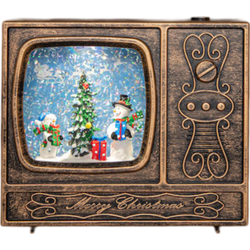 Tv sneeuwpop in glitterwater led op batterij met dc aansluiting 18x16 cm warm wit