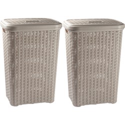 Set van 2x wasmand rotan met deksel van 60 liter 35 x 43 x 62 cm taupe - Wasmanden