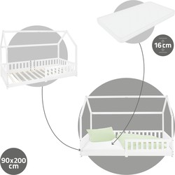 Kinderbed met uitvalbeveiliging lattenbodem en dak 200x90 cm wit grenen hout ML-Design