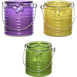 Citronella windlicht met kaars - 3x - paars/geel en groen - 20 branduren - citrusgeur - geurkaarsen