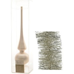 Kerstversiering glazen piek mat 26 cm en folieslingers pakket licht parel/champagne van 3x stuks - kerstboompieken