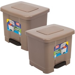 2x stuks dubbele afvalemmer/vuilnisemmer taupe 35 liter met deksel en pedaal - Pedaalemmers