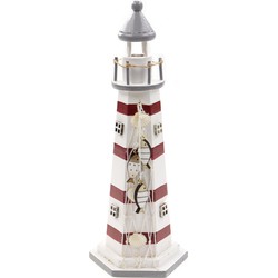 Vuurtoren beeldje met LED licht - Hout - 9 x 22 cm - wit/rood - Maritieme decoraties binnen - Beeldjes