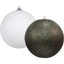 Kerstversieringen set van 2x extra grote kunststof kerstballen zwart en wit 25 cm glitter - Kerstbal