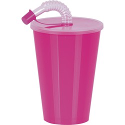 Juypal Drinkbeker met deksel en rietje - roze - kunststof - 450 ml - 12 x 9 cm - Drinkbekers