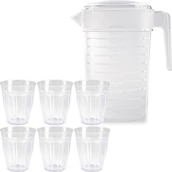 2x stuks Water/limonade schenkkannen 2 liter met 12x kunststof glazen voordeelset - Schenkkannen