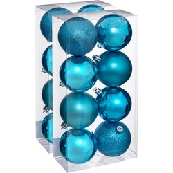 16x stuks kerstballen turquoise blauw glans en mat kunststof 7 cm - Kerstbal