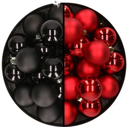 32x stuks kunststof kerstballen mix van zwart en rood 4 cm - Kerstbal