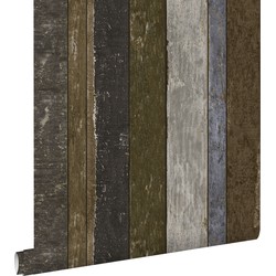 ESTAhome behang houten plankjes bruin, grijs en blauw - 53 cm x 10,05 m - 138254