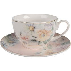 Clayre & Eef Kop en schotel  250 ml Roze Wit Porselein Bloemen Servies