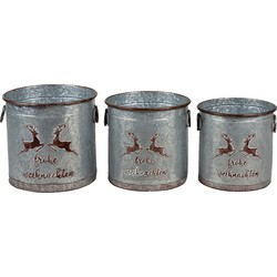 Clayre & Eef Decoratie Emmer Set van 3  Grijs Ijzer Rond Rendieren Plantenpot