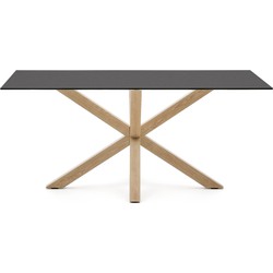 Kave Home - Argo tafel in matzwart glas en stalen poten met houteffect 160 x 90 cm