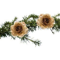 Decoratie roos - 2x stuks - op clip - goud - 14 cm - kunststof - kerstbloemen - kerstboomversiering - Kersthangers