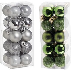 Kleine kunststof kerstversiering 40x stuks set en 3 cm kerstballen in het zilver en appelgroen - Kerstbal