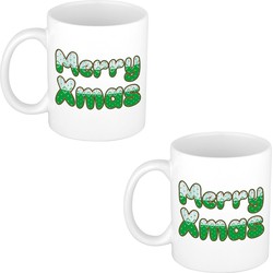 2x stuks Merry Christmas sweater print kerstmok / kerstbeker wit 300 ml - Bekers