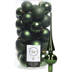 Decoris kerstballen 30x stuks - donkergroen 4/5/6 cm kunststof mat/glans/glitter mix en piek - Kerstbal