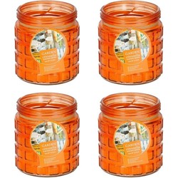 4x stuks citronella kaarsen - in glazen pot - 12 cm - oranje - geurkaarsen