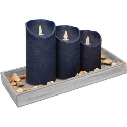 Houten dienblad met 3 LED kaarsen in de kleur donkerblauw 14 x 40 cm - LED kaarsen