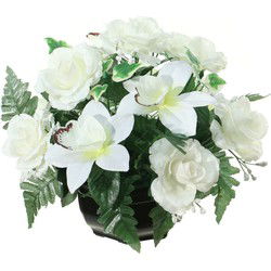 Louis Maes Kunstbloemen plantje in pot - kleuren creme/wit - 25 cm - Bloemstuk ornament - orchidee/rozen met bladgroen - Kunstbloemen
