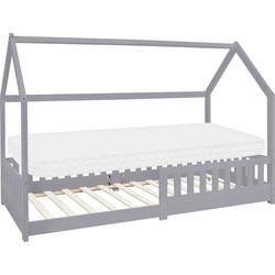 Kinderbed huisbed 90x200 cm lichtgrijs gemaakt van dennenhout incl. matras H-10cm uitvalbeschermend dak en lattenbodem ML-Design