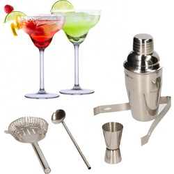 Set van 4x Margarita cocktailglazen met complete 5-delige cocktailshaker set RVS - Cocktailglazen