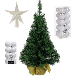 Volle kunst kerstboom 75 cm in jute zak inclusief witte versiering 37-delig - Kunstkerstboom