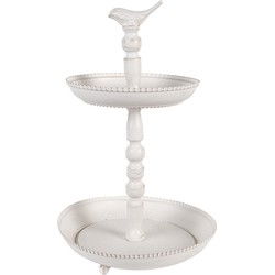 Clayre & Eef Etagère 2 laags Ø 27x41 cm Wit Metaal Vogel