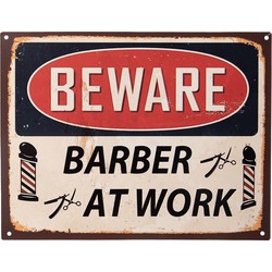 Clayre & Eef Tekstbord  33x25 cm Beige Rood Ijzer Barber at work Wandbord