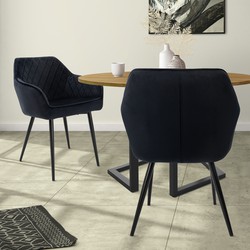 Eetkamerstoel set van 2 diamond quilting zwart fluwelen bekleding met metalen poten & armleuningen incl. montagemateriaal ML-Design