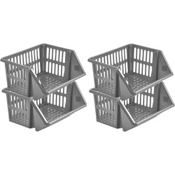 Mand/organizer - 4x - stapelbaar - grijs - 35 x 29 x 17 cm - Opbergmanden