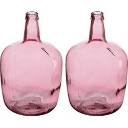 Bloemenvazen 2x stuks - flessen model - glas - roze transparant - 22 x 39 cm - Vazen