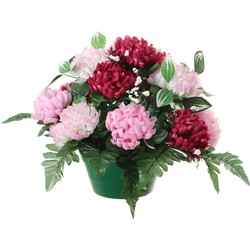 Louis Maes Kunstbloemen in pot - cerise/roze - D30 x H24 cm - Bloemstuk ornament - crysanten met bladgroen - Kunstbloemen