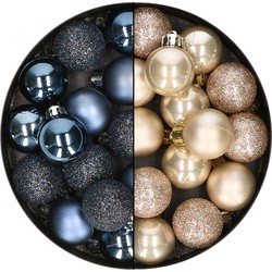 28x stuks kleine kunststof kerstballen donkerblauw en champagne 3 cm - Kerstbal