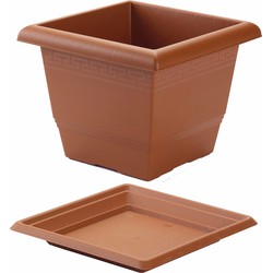 2x stuks vierkante plantenbakken terra cotta met opvangschaal 26 x 26 x 20 cm - Plantenbakken