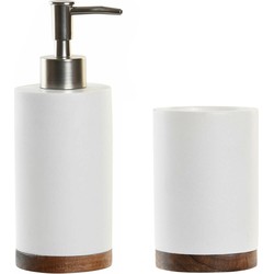 Badkamer accessoires setje drinkbeker en zeeppompje 19 cm wit/hout - Zeeppompjes