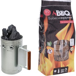 BBQ briketten/houtskool starter met houten handvat 27 cm met 80x BBQ aanmaakblokjes - Brikettenstarters