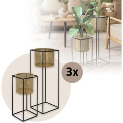 ML-Design bloemenstandaard set van 6, zwart-goud, 21x21x47/25x25x71 cm, gemaakt van staal, bloempotstandaard met plantenbak, metalen plantenstandaard, bloempothouder 6-delig, bloempotdecoratie