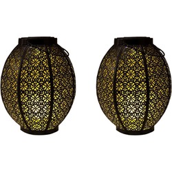 2x stuks tuindecoratie solar lantaarns lampen zwart/goud metaal 23 cm - Lantaarns
